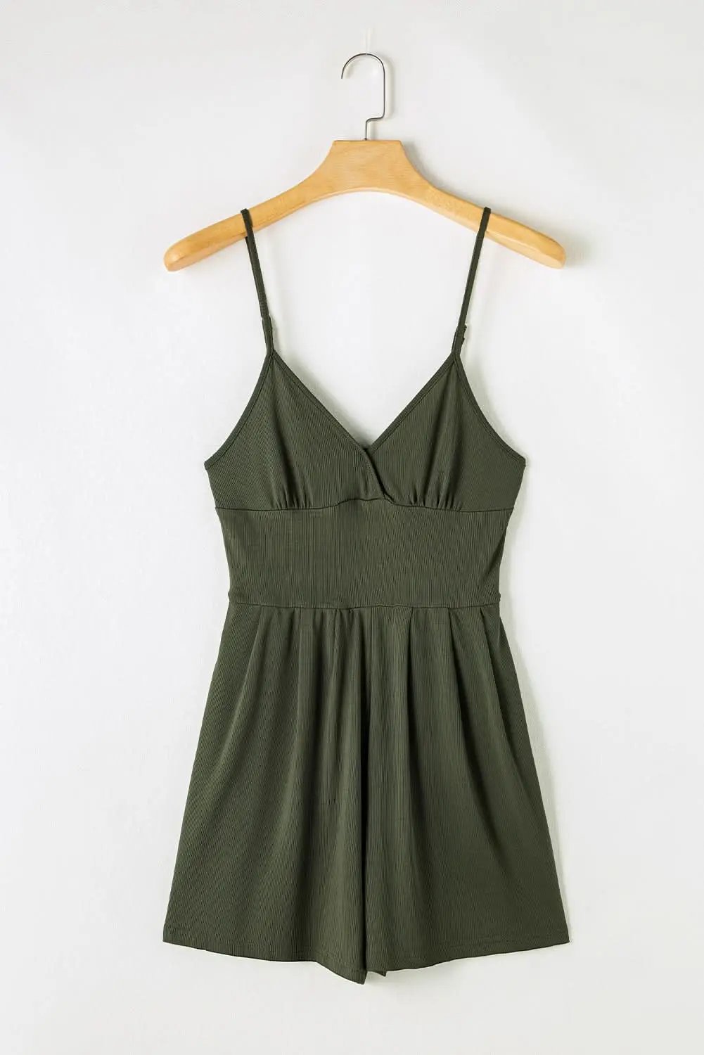 Moss Green Spaghetti Straps Cinched Waist Ribbed Romper - Love Salve